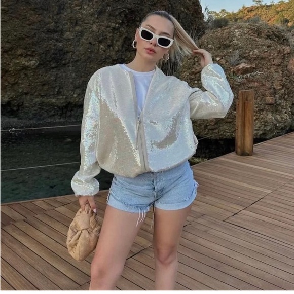 Zara Sequined Bomber Jacket In Beige Size Small - Picture 2 of 15